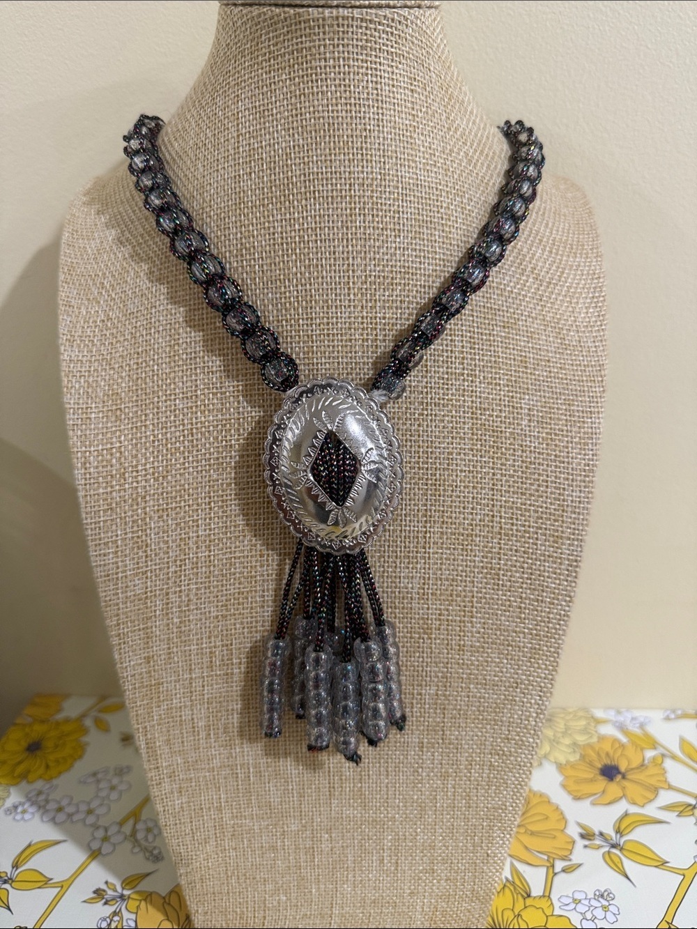 Silver-Tone Oval Concho Necklace with Black Beaded Tassel Approx. 30”